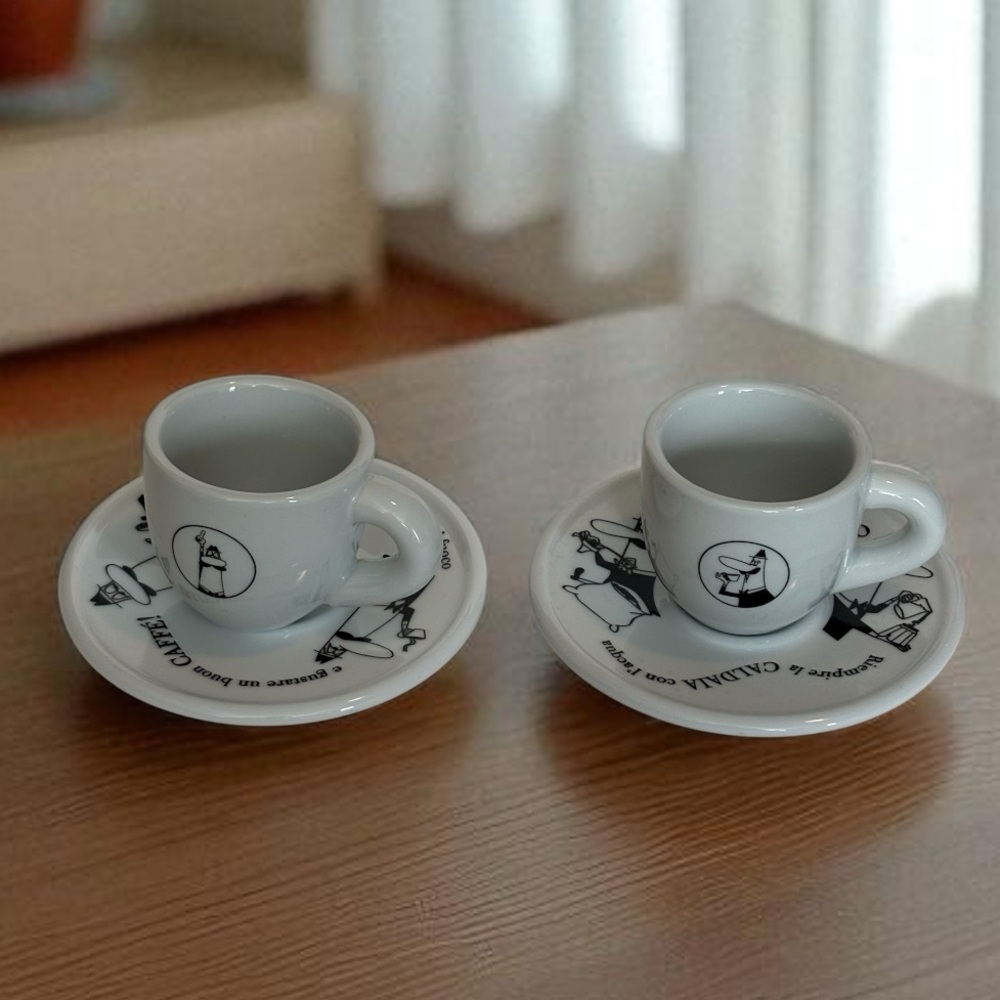 Bialetti Porcelain Espresso Cups & Saucers Set of 2 w/ Logo Italy White Black